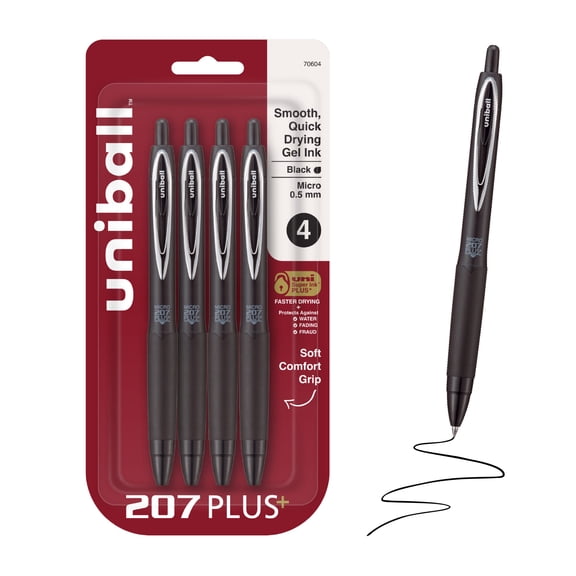 uniball™ 207 Plus Retractable Gel Pens, Micro Point, 0.5mm, Black Ink, 4 Count