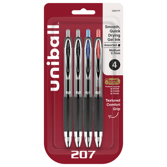 uniball 207 Retractable Gel Pens, Medium Point, 0.7mm, Assorted Ink Colors, 4 Count