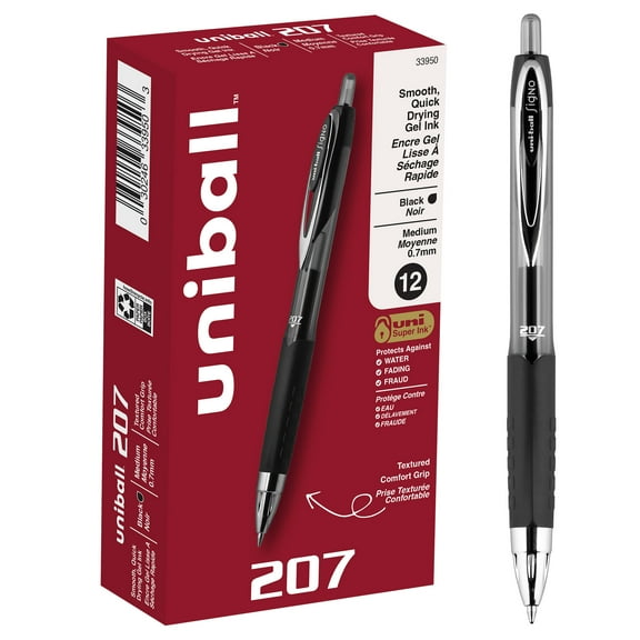 uniball 207 Retractable Gel Pens, Medium Point (0.7mm), Black Ink, 12 Count