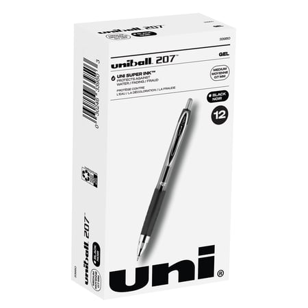 Uniball 207 Retractable Gel Pens, Medium Point (0.7mm), Black Ink, 12 Count
