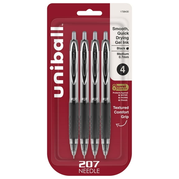 uniball 207 Retractable Gel Pens, Medium Point (0.7mm), Black Ink, 4 Count