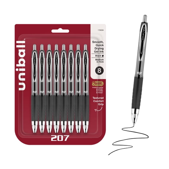 uniball™ 207 Retractable Gel Pens, Medium Point, 0.7mm, Black Ink, 8 Count