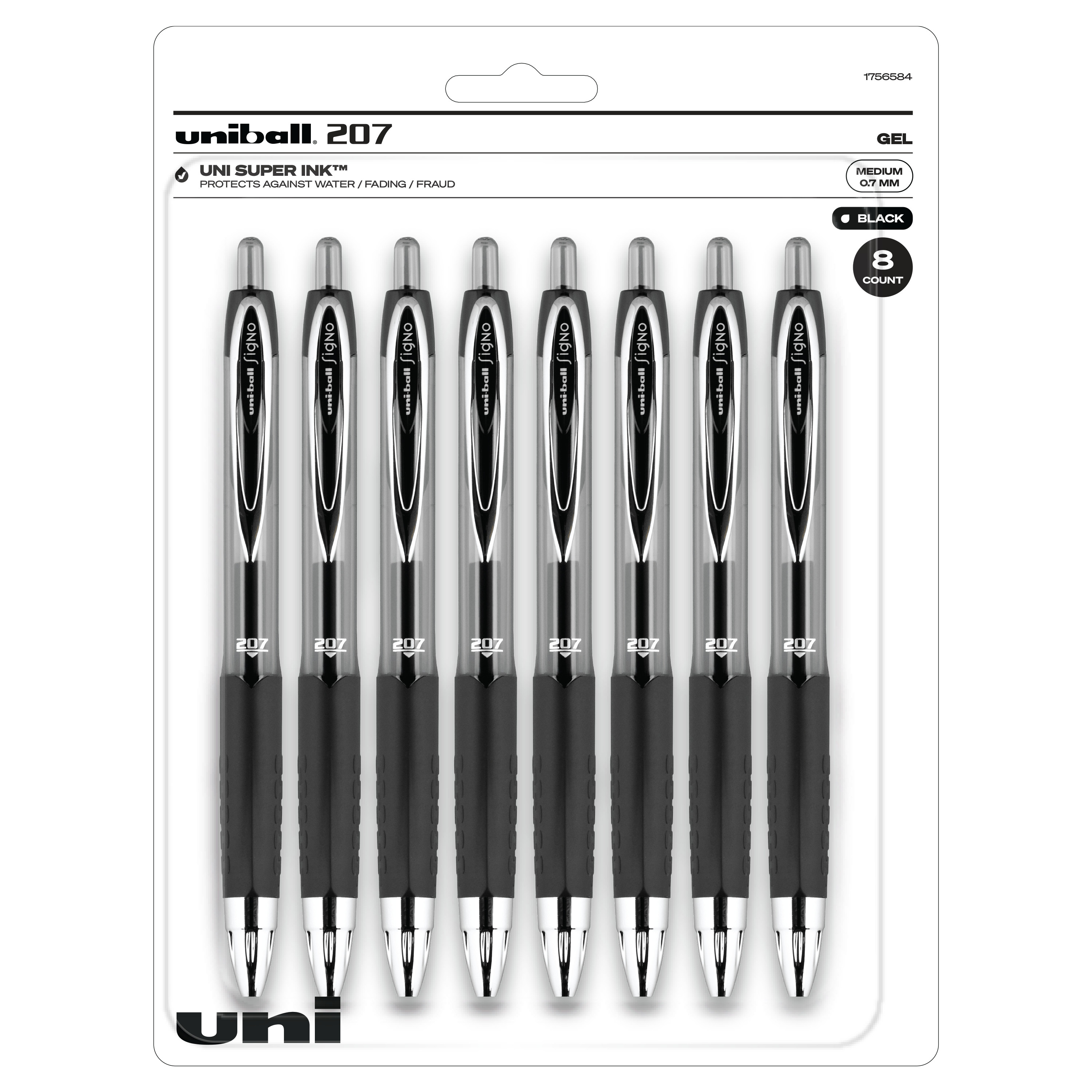 Uni-Ball Signo 207 Gel Pen, Retractable, Medium 0.7 mm, Black Ink, Translucent Black Barrel, 8/Pack