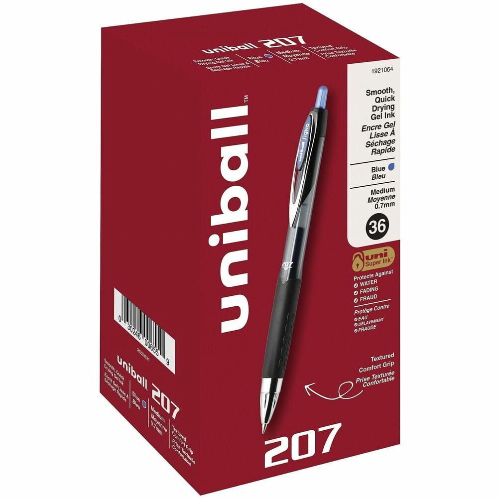uniball 207 Retractable Gel Pens, Medium Point (0.7mm), Blue Ink, 12 Count