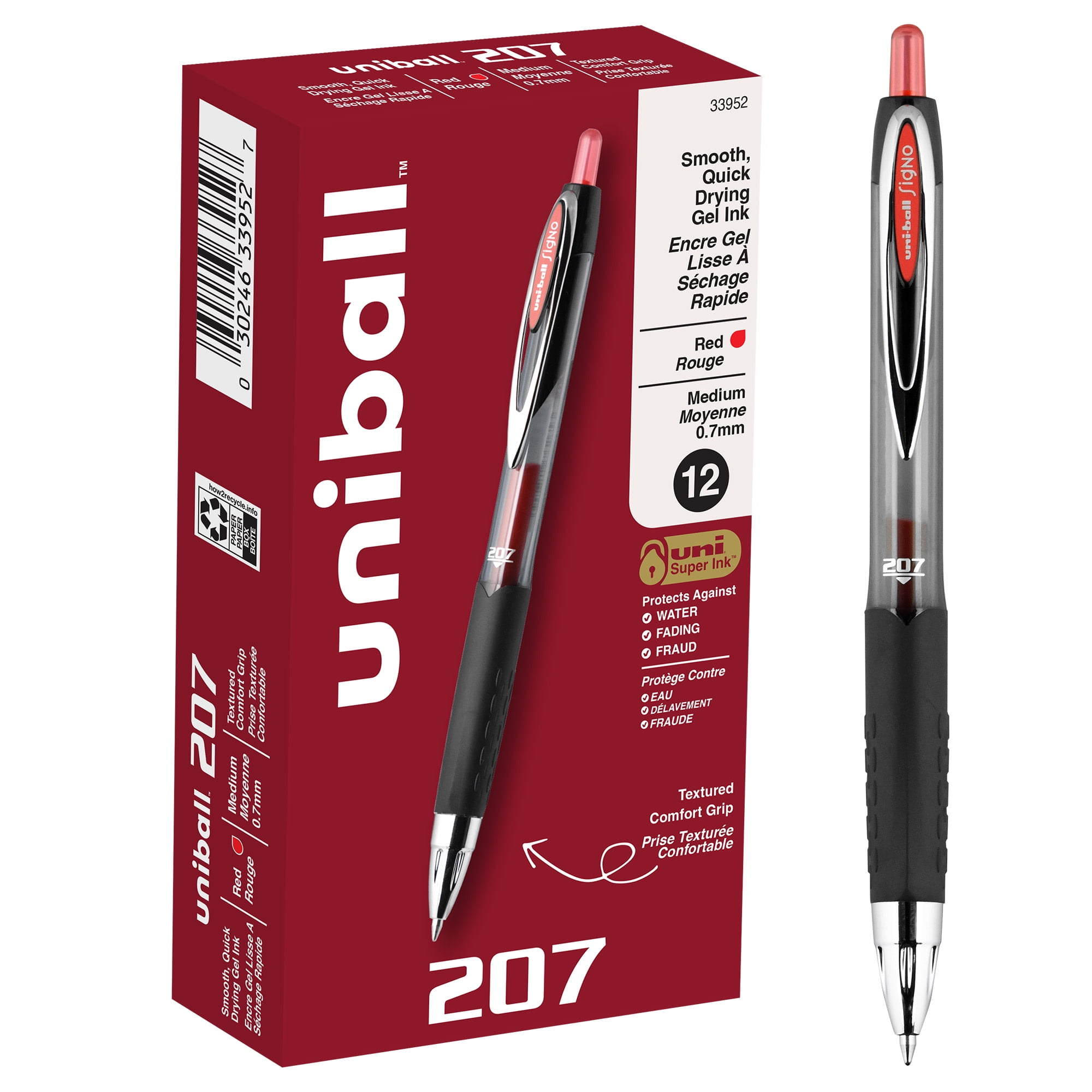 UNI-BALL uniball 207 Retractable Gel Pens, Medium Point (0.7mm), Red Ink, 12 Count