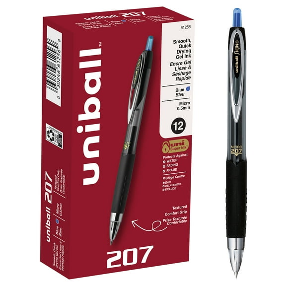 uniball 207 Retractable Gel Pens, Micro Point (0.5mm), Blue Ink, 12 Count