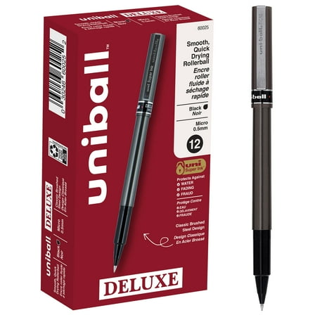 uniball Deluxe Rollerball Pens, Micro Point (0.5mm), Black Ink, 12 Count