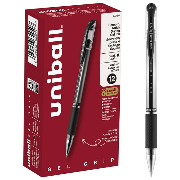 uniball Gel Grip Gel Pens, Medium Point, 0.7mm, Black Ink, 12 Count