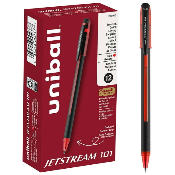Uniball Jetstream 101 Stick Ballpoint Pens, Medium Point (1.0mm), Red Ink, 12 Count