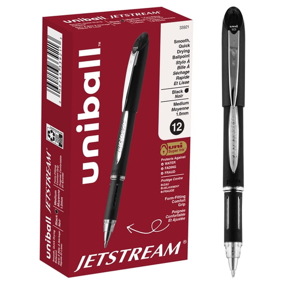uniball Jetstream Ballpoint Pens, Medium Point (1.0mm), Black Ink, 12 Count