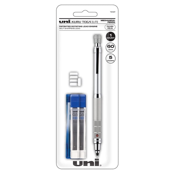 Uniball Kuru Toga Elite Mechanical Pencil Starter Kit (0.5mm), HB #2, Silver Barrel, 1 Count