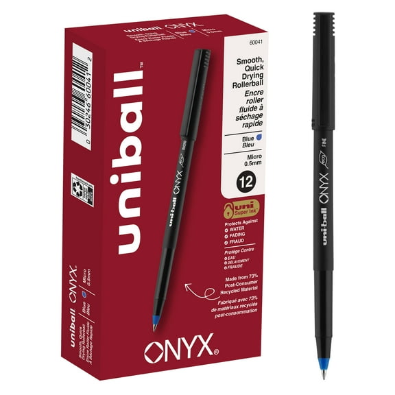 uniball ONYX Rollerball Pens, Micro Point (0.5mm), Blue Ink, 12 Count