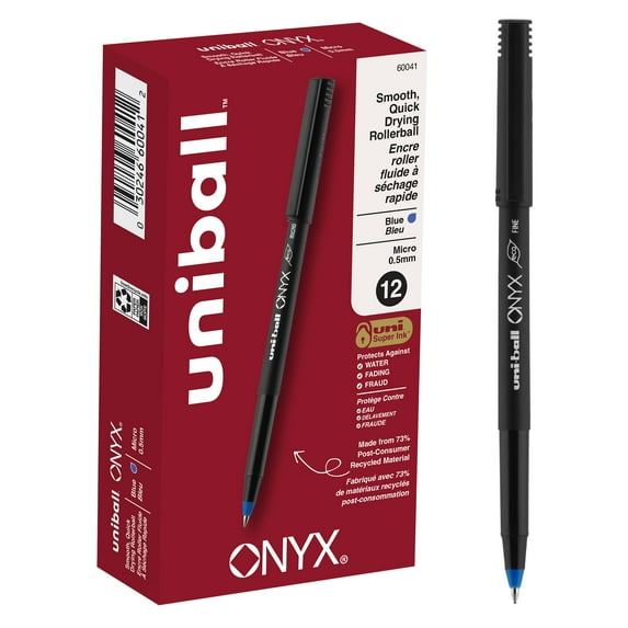 uniball ONYX Rollerball Pens, Micro Point (0.5mm), Blue Ink, 12 Count