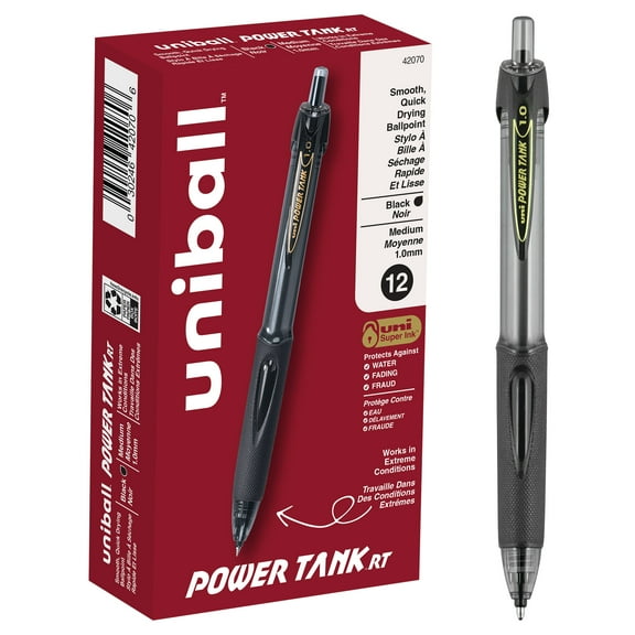 uniball Power Tank RT Ballpoint Pens, Medium Point (1.0mm), Black Ink, 12 Count