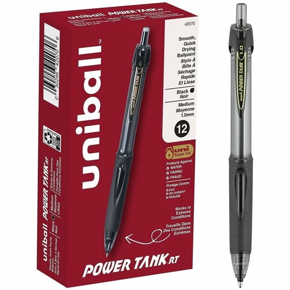 uniball Power Tank RT Retractable Ballpoint Pens, Medium Point, 1.0mm, Black Ink, 12 Count
