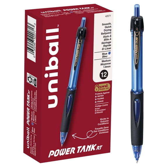 uniball Power Tank RT Retractable Ballpoint Pens, Medium Point, 1.0mm, Blue Ink, 12 Count