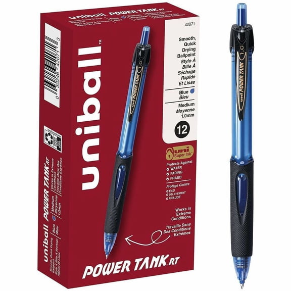 uniball Power Tank RT Retractable Ballpoint Pens, Medium Point, 1.0mm, Blue Ink, 12 Count