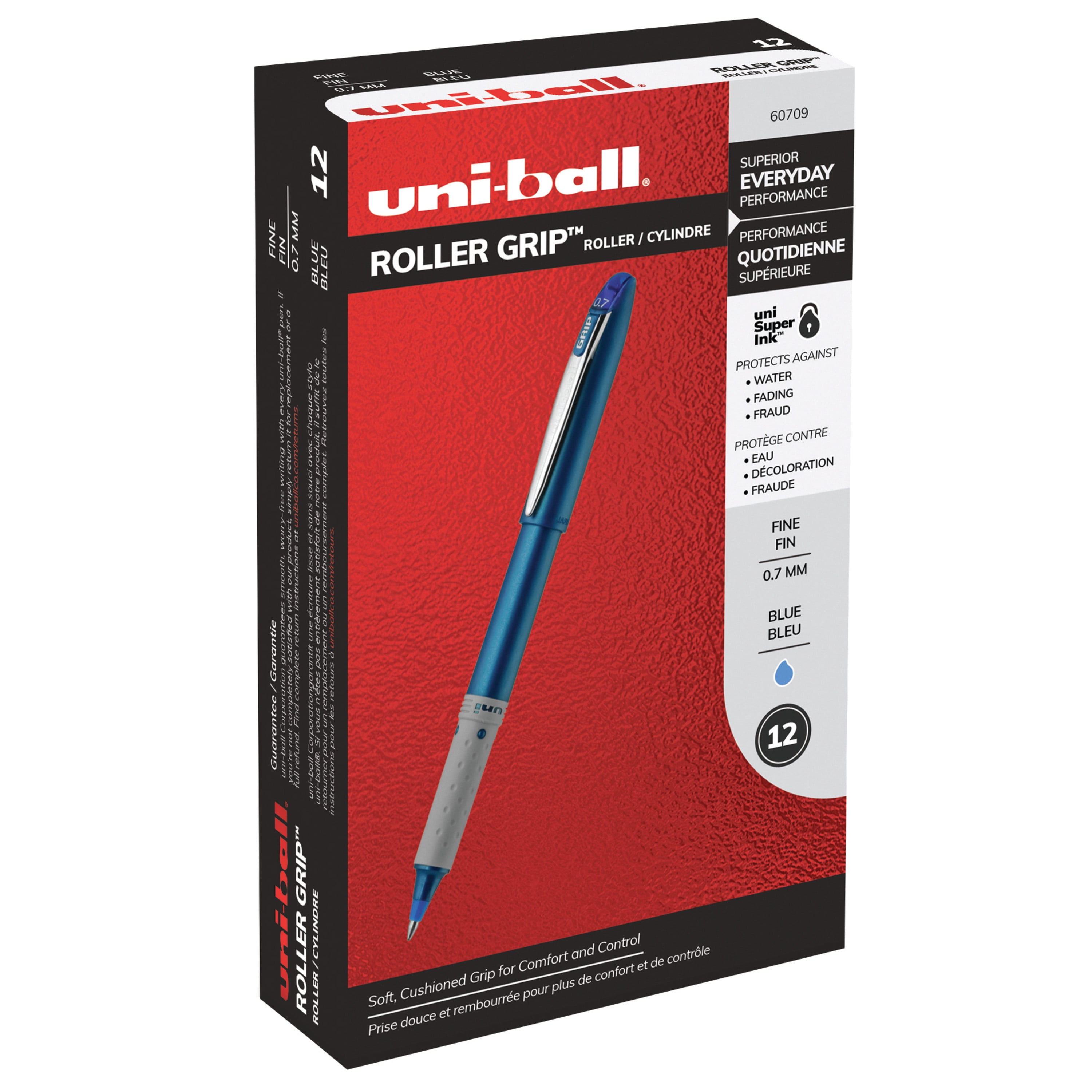 Uniball Roller Grip Rollerball Pens, Fine Point (0.7mm), Blue Ink, 12 Count