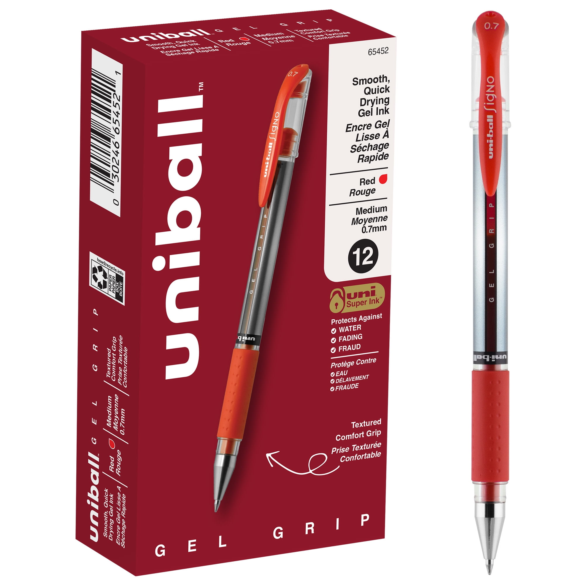 uniball Roller Grip Rollerball Pens, Medium Point (0.7mm), Red Ink, 12 Count