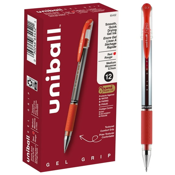 uniball Roller Grip Rollerball Pens, Medium Point (0.7mm), Red Ink, 12 Count