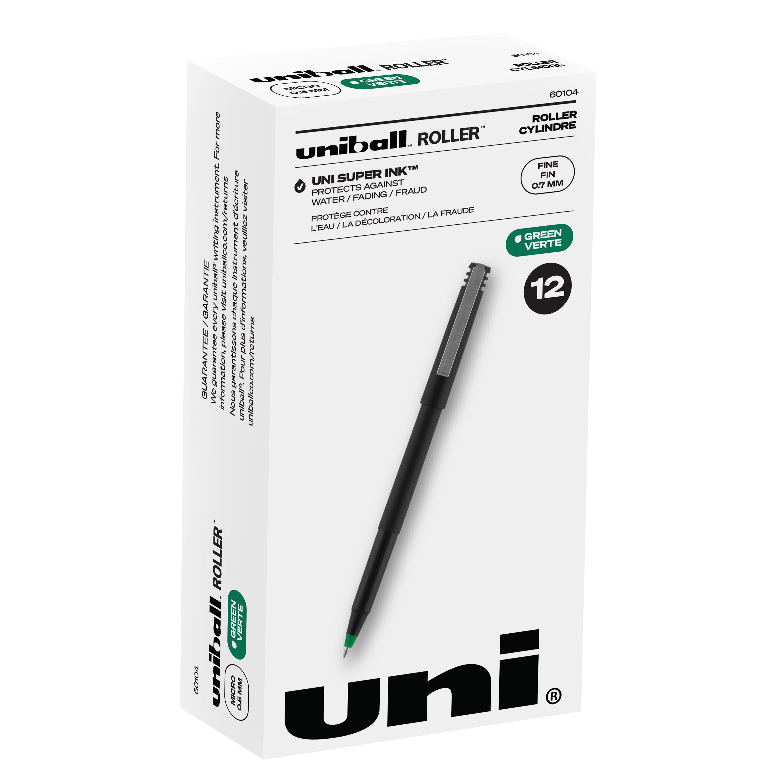 Uniball Roller Rollerball Pens, Fine Point (0.7mm), Green Ink, 12 Count