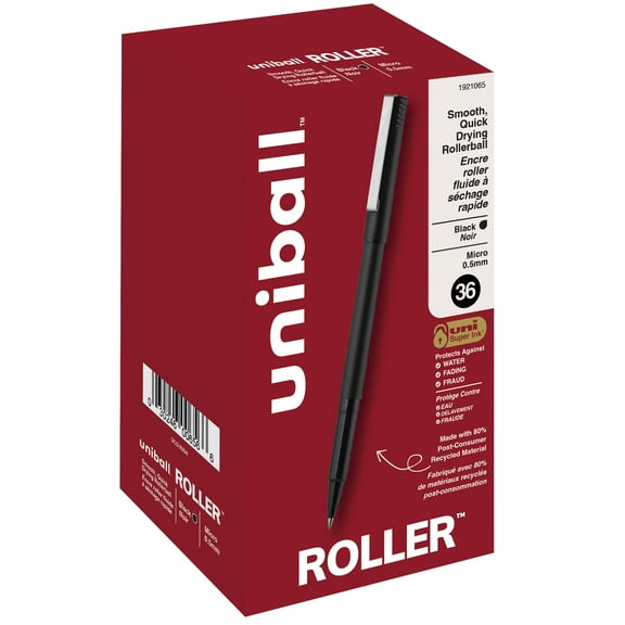 uniball Roller Rollerball Pens, Micro Point (0.5mm), Black Ink, 36 Count