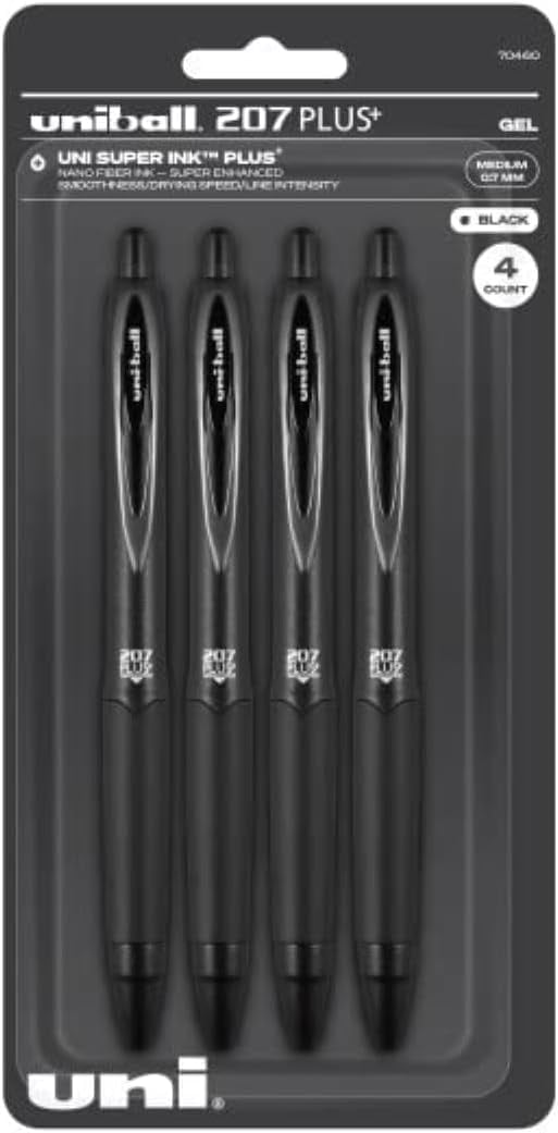 Uniball Signo 207+ Gel Pen 4 Pack, 0.7mm Medium Black Pens, Gel Ink Pens | Office Supplies Sold by Uniball are Pens, Ballpoint Pen, Colored Pens, Gel Pens, Fine Point, Smooth Writing Pens