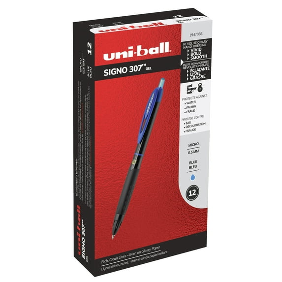 Uniball Signo 307 Gel Pens, Micro Point (0.5mm), Blue Ink, 12 Count