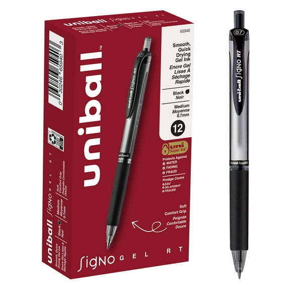 uniball Signo Retractable Gel Pens, Medium Point (0.7mm), Black Ink, 12 Count