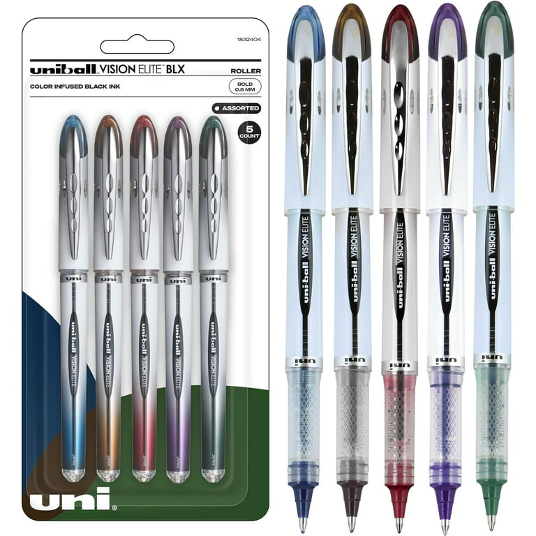 Uniball Vision Elite BLX Rollerball Pens, Assorted Pens Pack of 5, Bold  Pens with 0.8mm Ink, Ink Black Pen, Pens Fine Point Smooth Writing Pens,  Bulk Pens, and Office Supplies 