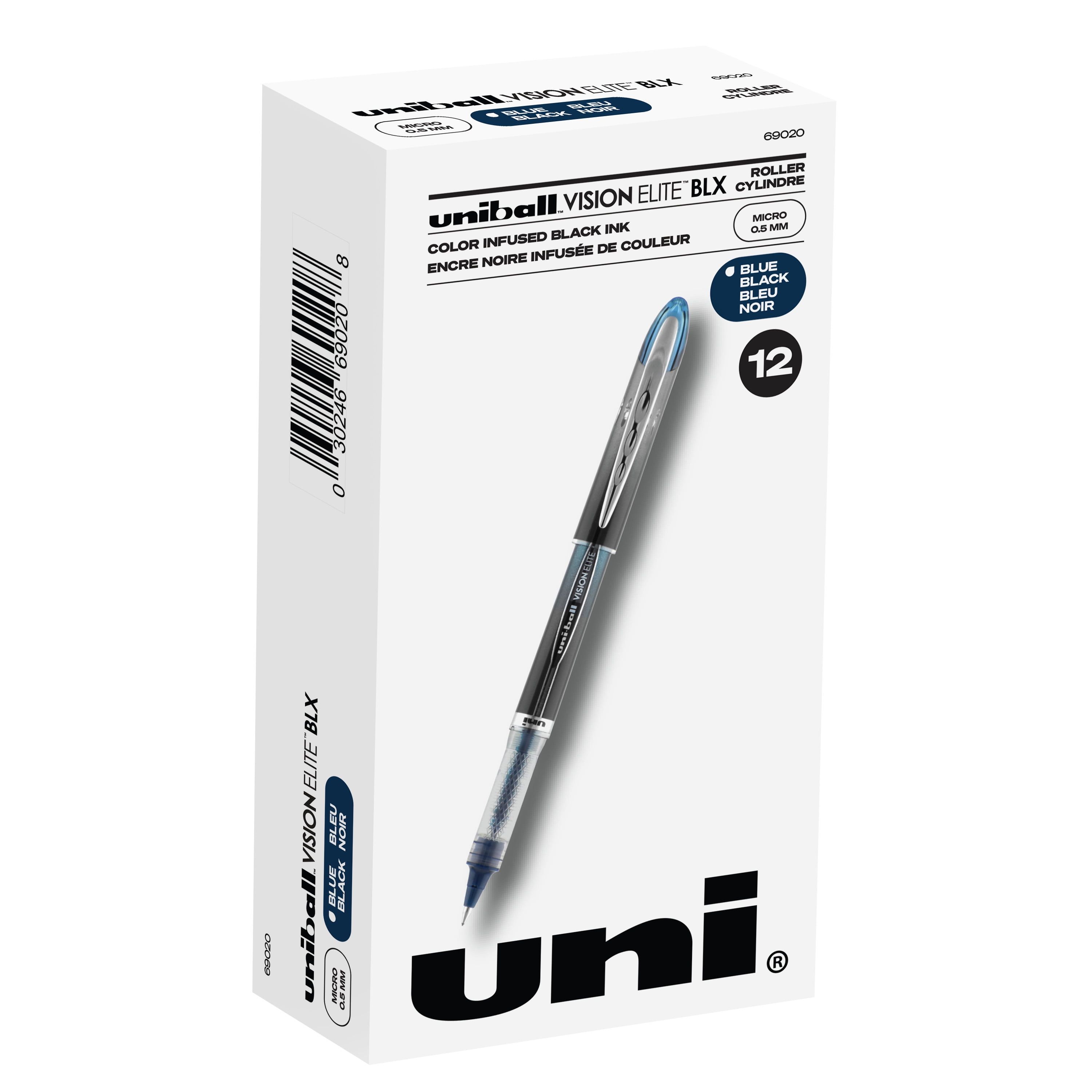 Uniball Vision Elite BLX Rollerball Pens, Micro Point (0.5mm), Blue-Black  Ink, 12 Count 