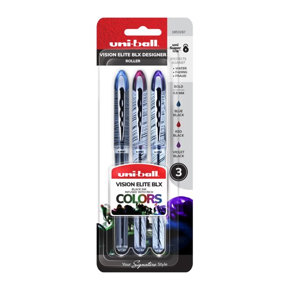 uni-ball Vision Elite Designer Rollerball Pens, Bold Point (0.8mm), Assorted Barrels, Black Ink, 3 Count - Walmart SRP