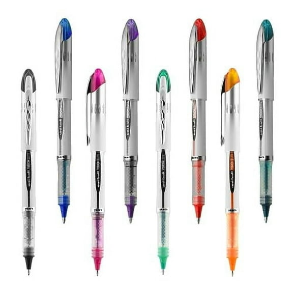 uni-ball Vision Needle Rollerball Pen 8 Pack with Assorted Colors and 0.8mm Bold Point Tips, Uni-Super Ink is Smooth, Vibrant, and Protects Against, Water, Fading, and Fraud