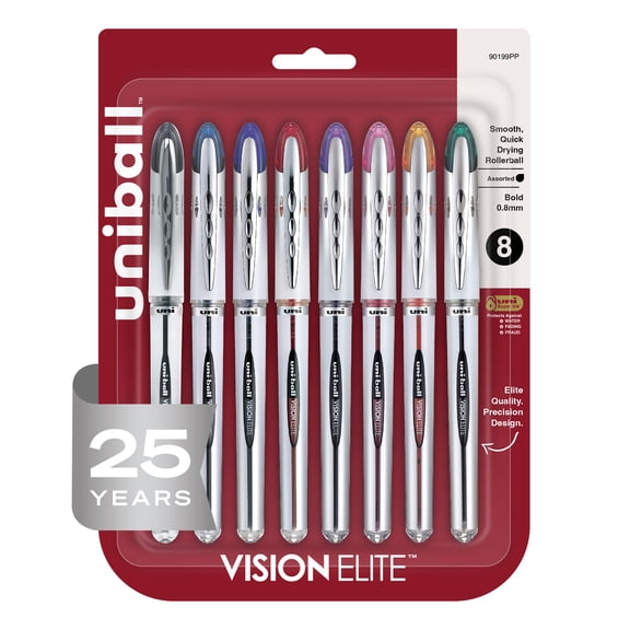 uniball Vision Elite Rollerball Pens, Bold Point, 0.8mm, Assorted Ink Colors, 8 Count