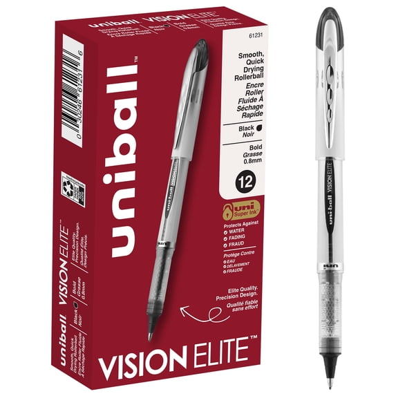Uniball Vision Elite Rollerball Pens, Bold Point (0.8mm), Black Ink, 12 Count