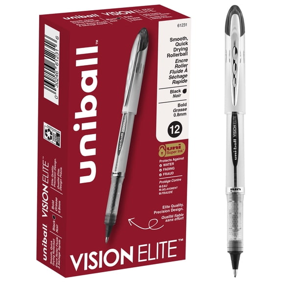 Uniball Vision Elite Rollerball Pens, Bold Point (0.8mm), Black Ink, 12 Count