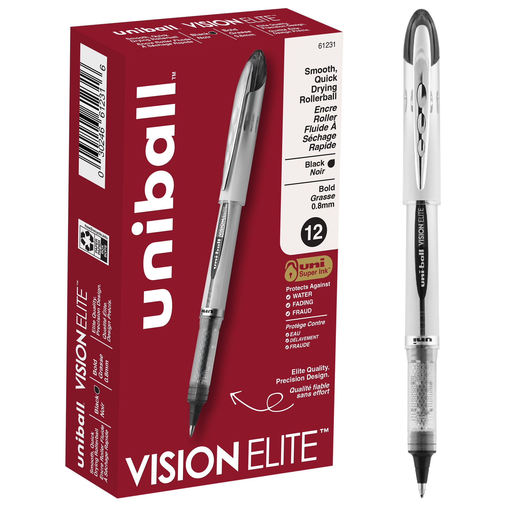 UNI-BALL uniball Vision Elite Rollerball Pens, Bold Point (0.8mm), Black Ink, 12 Count