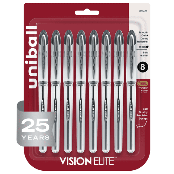 uniball Vision Elite Rollerball Pens, Bold Point, 0.8mm, Black, 8 Count