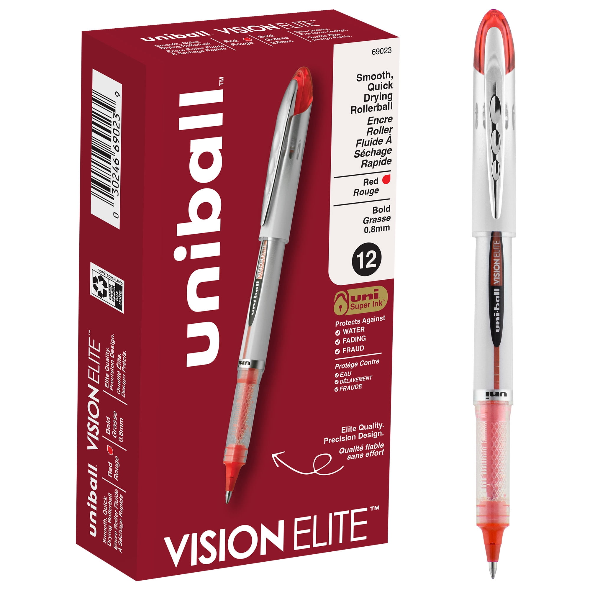 uniball Vision Elite Rollerball Pens, Bold Point (0.8mm), Red Ink, 12 Count