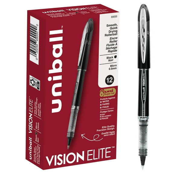 uniball Vision Elite Rollerball Pens, Micro Point (0.5mm), Black Ink, 12 Count