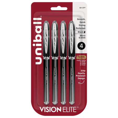 Uniball Vision Elite Rollerball Pens, Micro Point (0.5mm), Black Ink, 4 Count