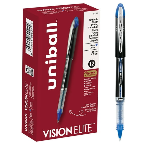 uniball Vision Elite Rollerball Pens, Micro Point (0.5mm), Blue Ink, 4 Count