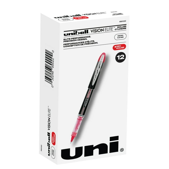 Uniball Vision Elite Rollerball Pens, Micro Point (0.5mm), Red Ink, 12 Count