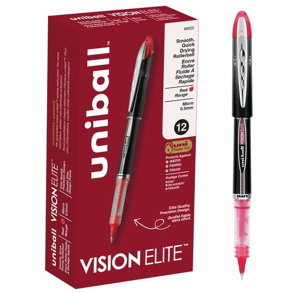 Uniball Vision Elite Rollerball Pens, Micro Point (0.5mm), Red Ink, 12 Count
