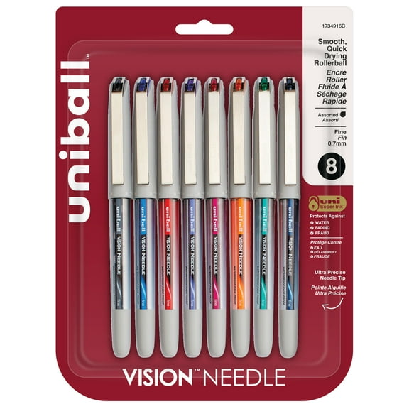 uniball Vision Needle Rollerball Pen, Fine Point, 0.7 mm, Assorted Color Ink, 8 Count