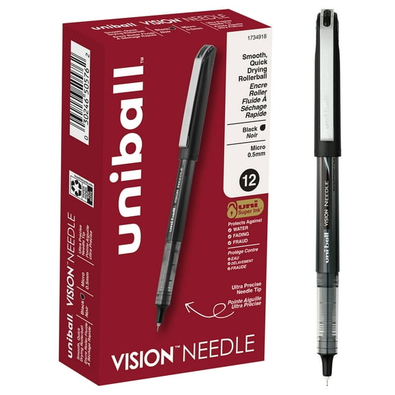 uniball Vision Needle Rollerball Pens, Micro Point (0.5mm), Black Ink, 12 Count
