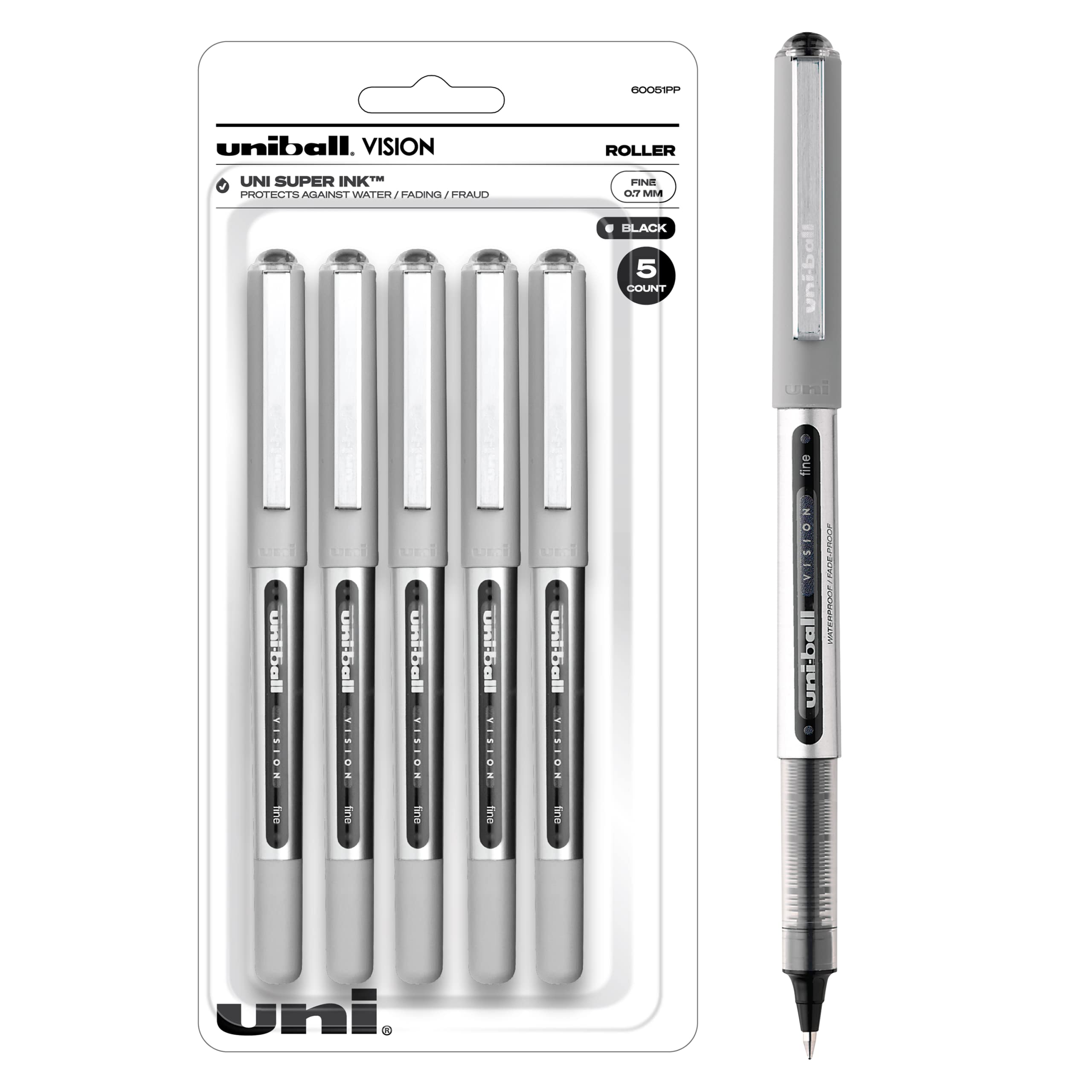 Uniball Vision Rollerball Pens, Black Pens Pack of 5, Fine Point Pens