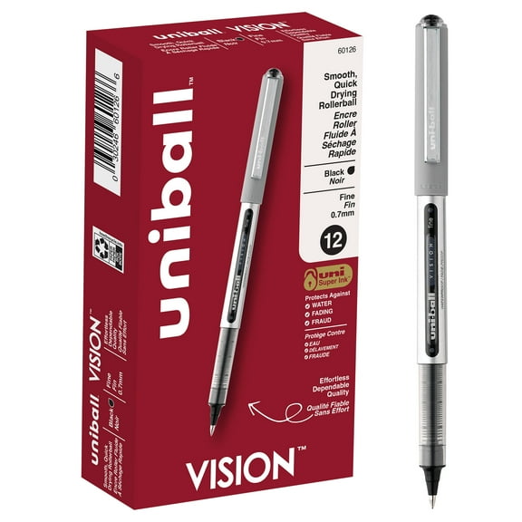 uniball Vision Rollerball Pens, Fine Point (0.7mm), Black Ink, 12 Count