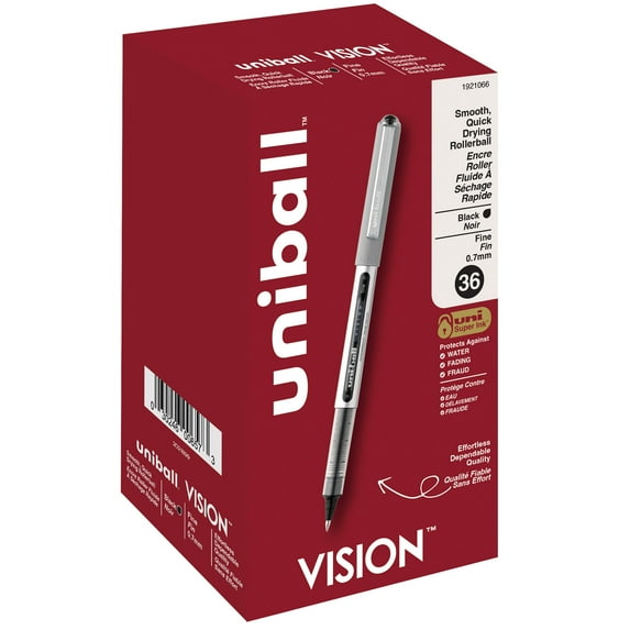 uniball Vision Rollerball Pens, Fine Point (0.7mm), Black Ink, 36 Count