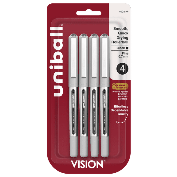 Uniball Vision Rollerball Pens, Fine Point (0.7mm), Black Ink, 4 Count